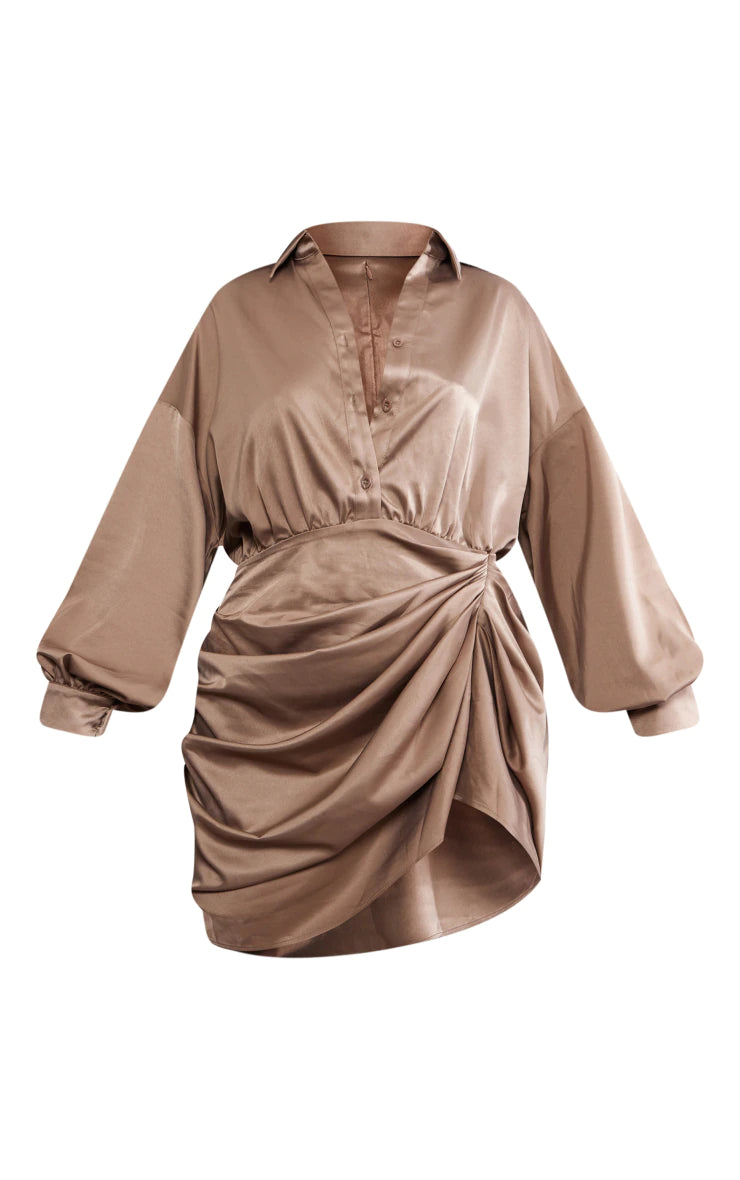 Taupe Satin Drape Skirt Oversized Sleeve Shirt Dress
