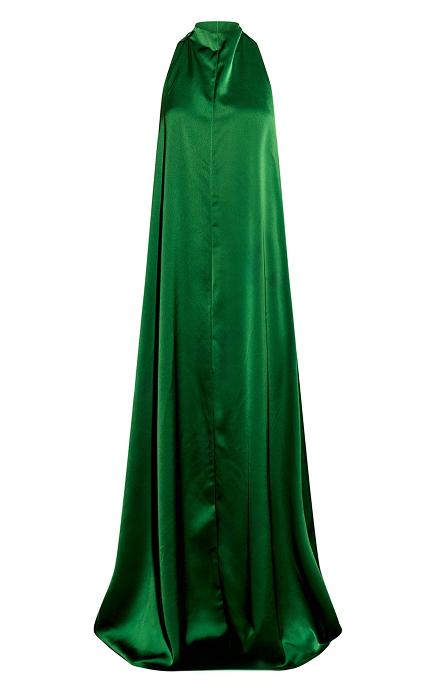 Green Satin High Neck Scoop Extreme Low Back Maxi Dress