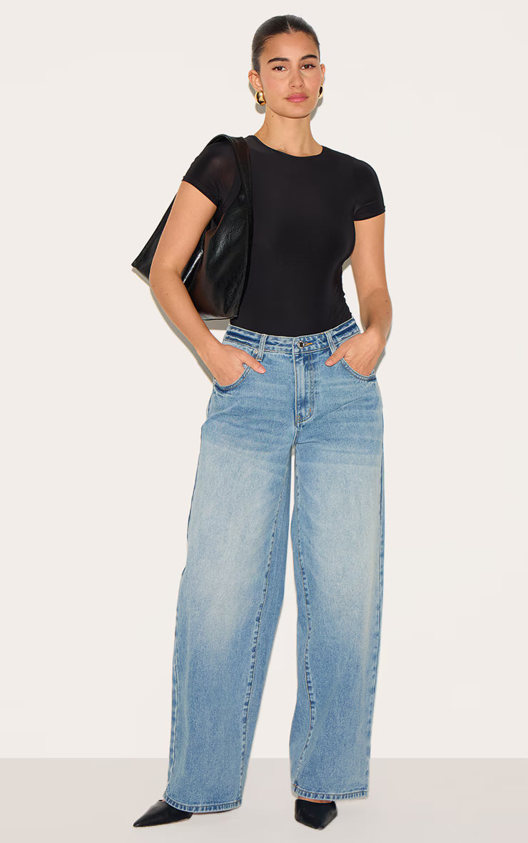 Black Basic Slinky Short Sleeve Bodysuit