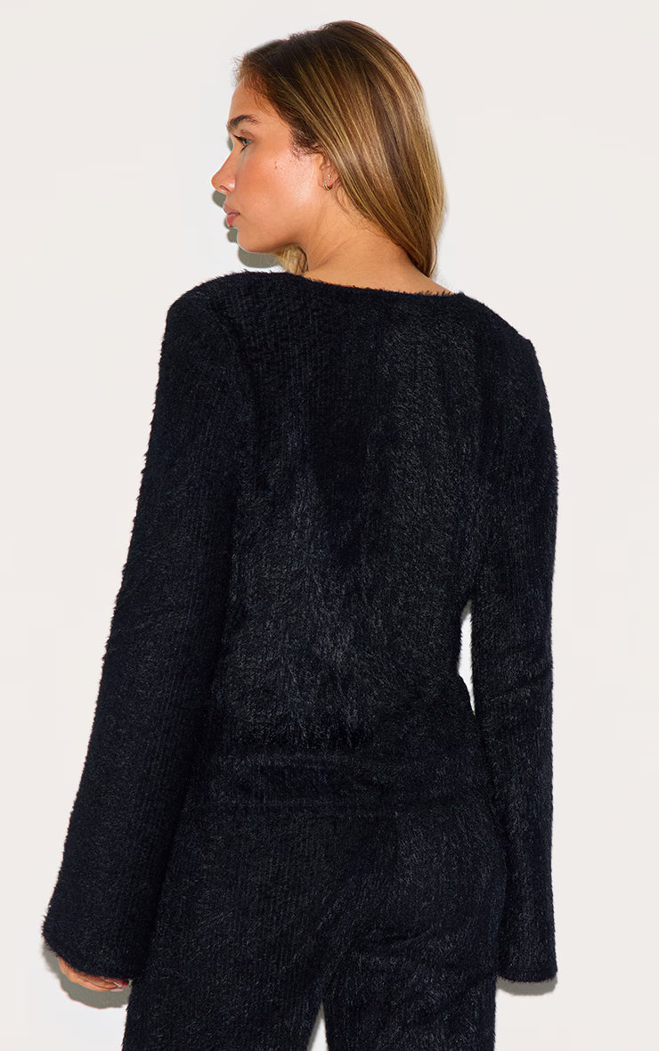Black Textured V Neck Button Cardigan