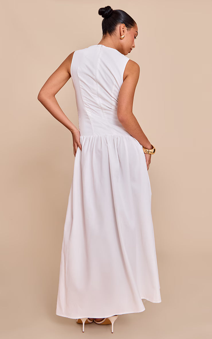 White Shirred Detail Sleeveless Maxi Dress
