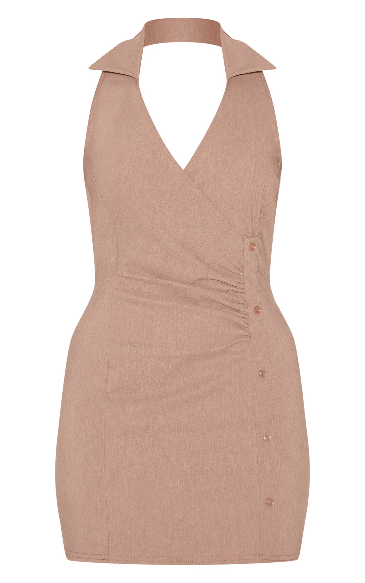 Taupe Asymmetric Button Down Collar Detail Bodycon Dress