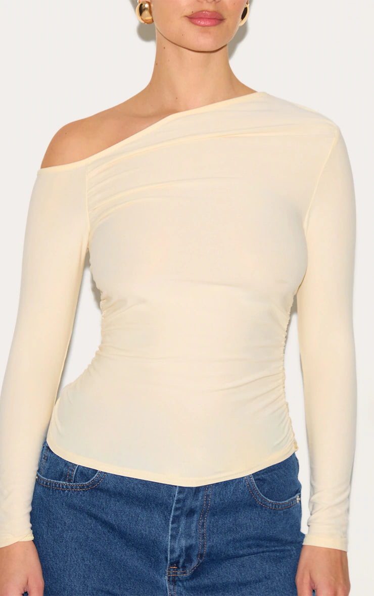 Almond Soft Touch Asymmetric Detail Long Sleeve Top