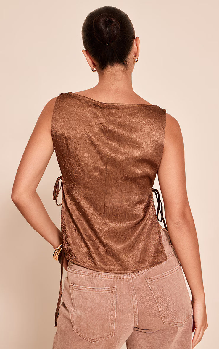 Chocolate Textured Satin Tie Side Long Top