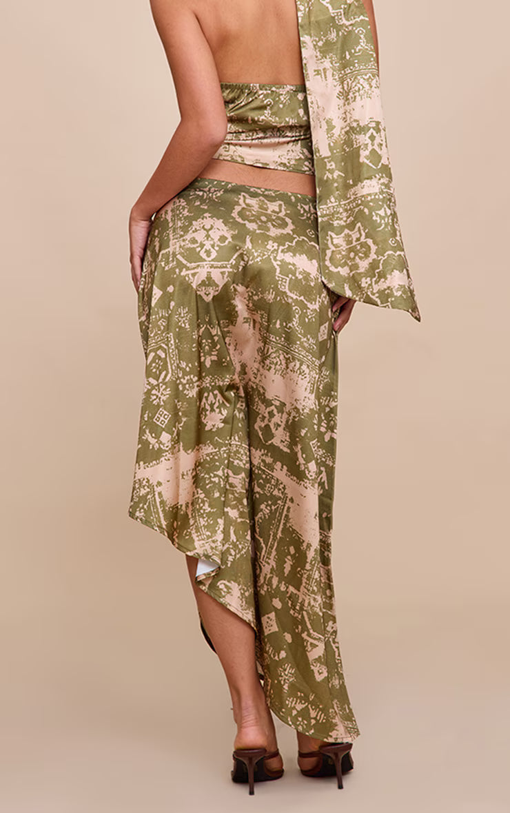 Khaki Printed Satin Asymmetric Midi Skirt