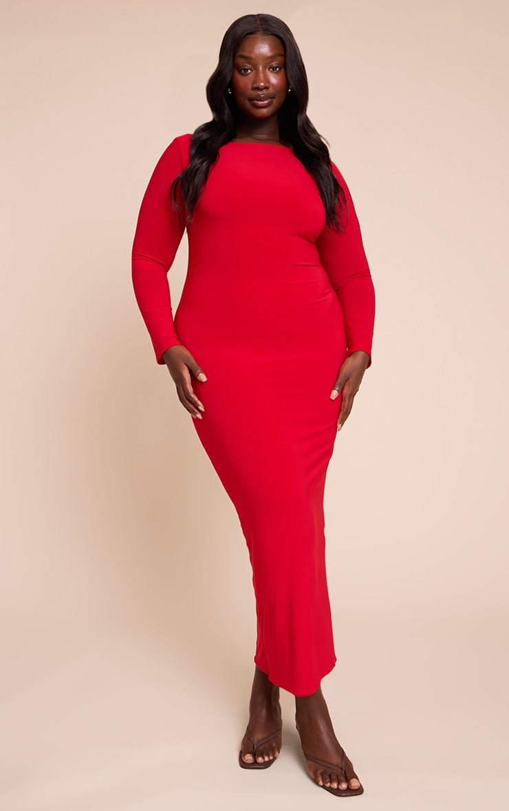 Plus Deep Red Scoop Back Detail Long Sleeve Maxi Dress