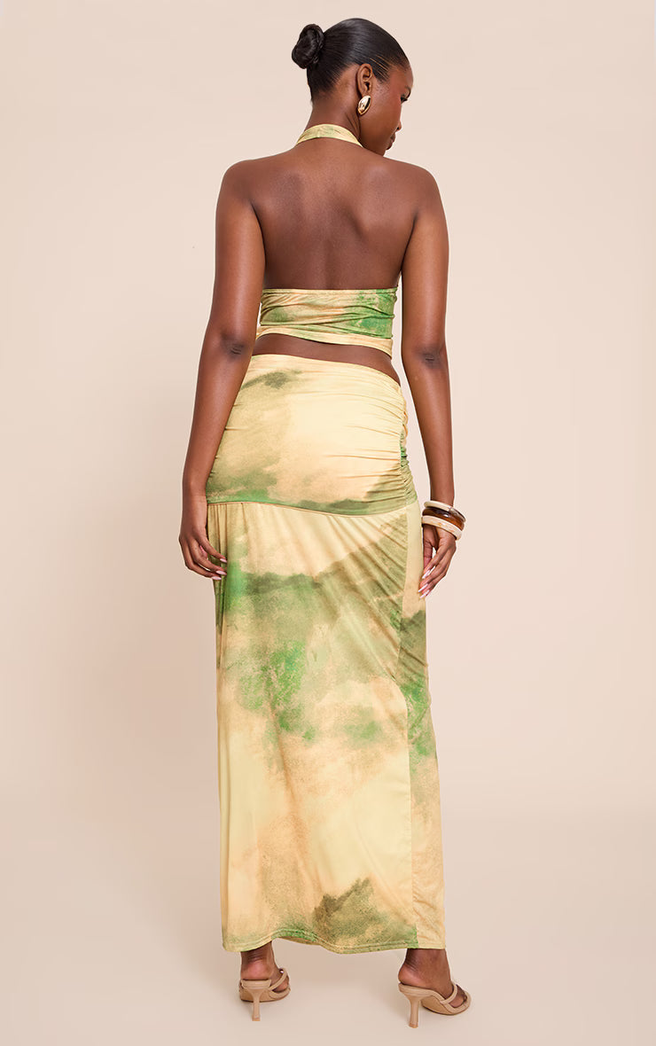 Green Abstract Print Ruched Detail Flowy Maxi Skirts