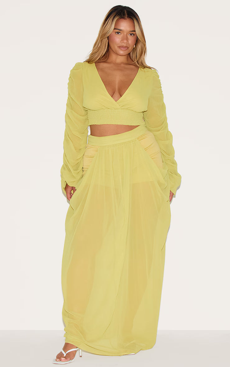 Shape Lime Chiffon Balloon Sleeve Plunge Front Cinched Waist Blouse