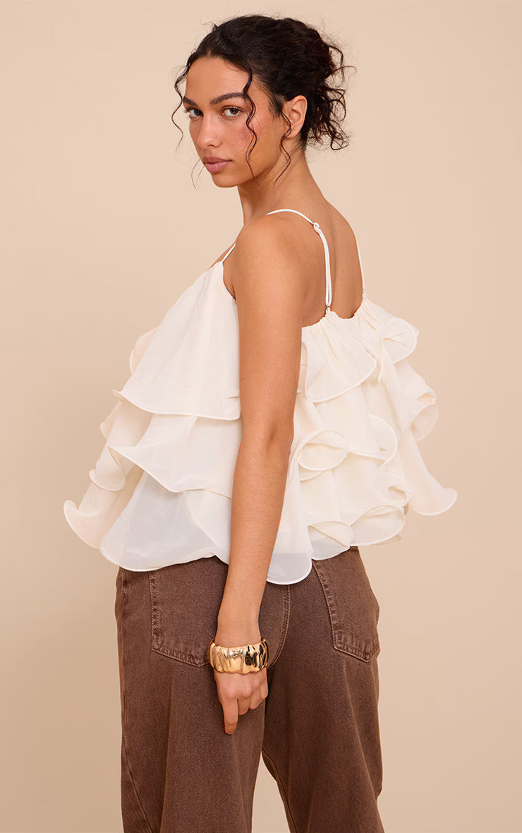 Cream Chiffon Layered Puffball Top