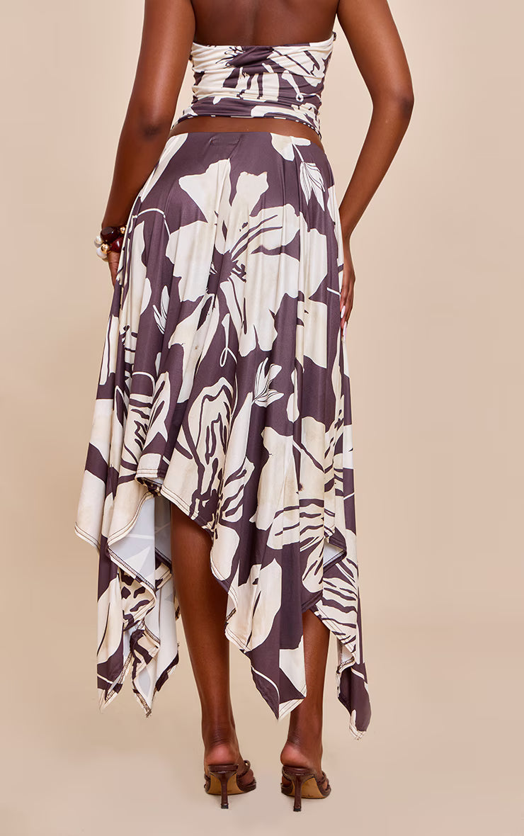 Brown Floral Print Slinky Asymmetrical Hem Maxi Skirt