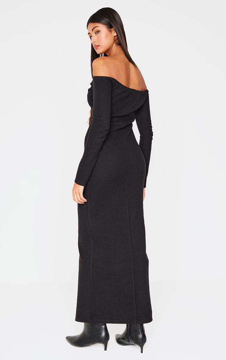 Black Heavy Rib Bardot Long Sleeve Maxi Dress