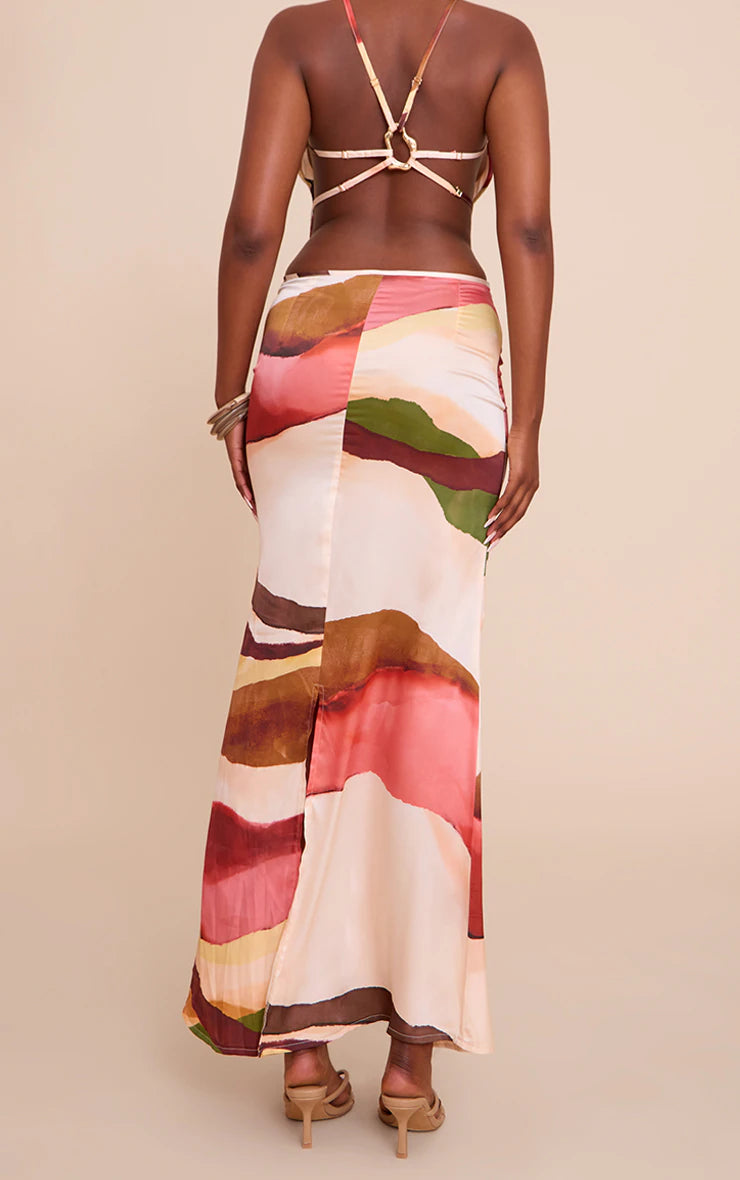 Multi Abstract Print Satin Floaty Maxi Skirt