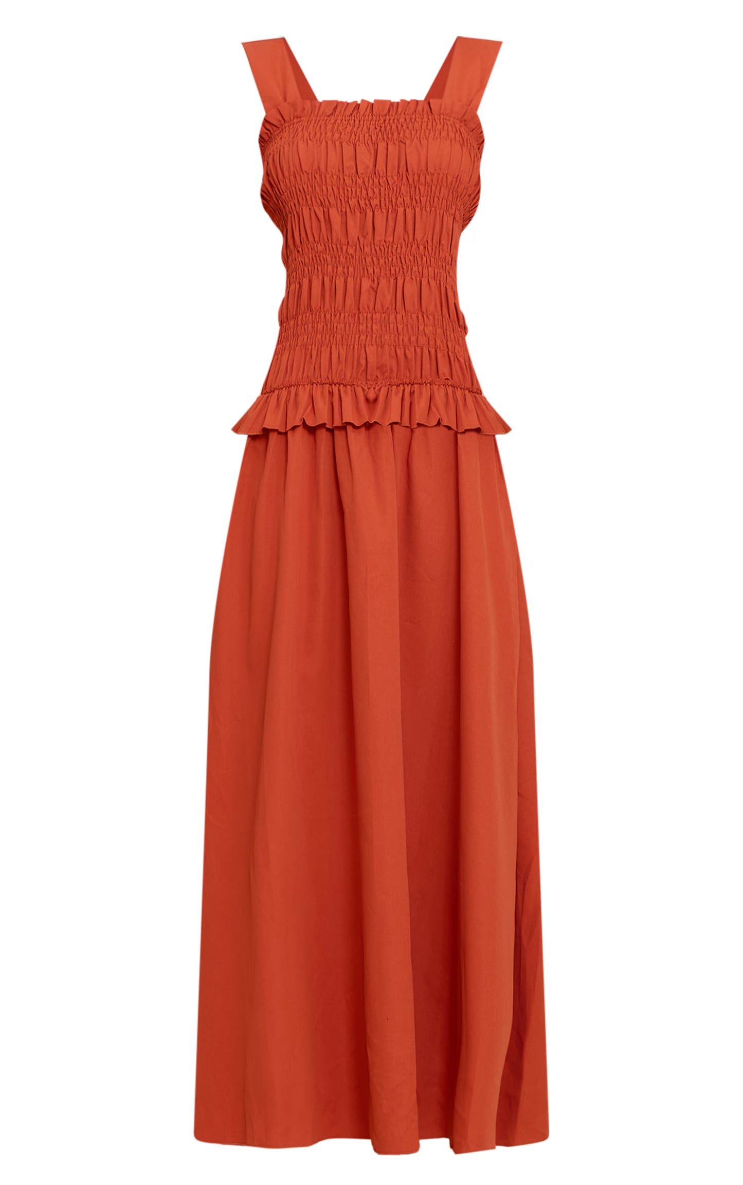 Burnt Orange Shirred Frill Detail Maxi Dress