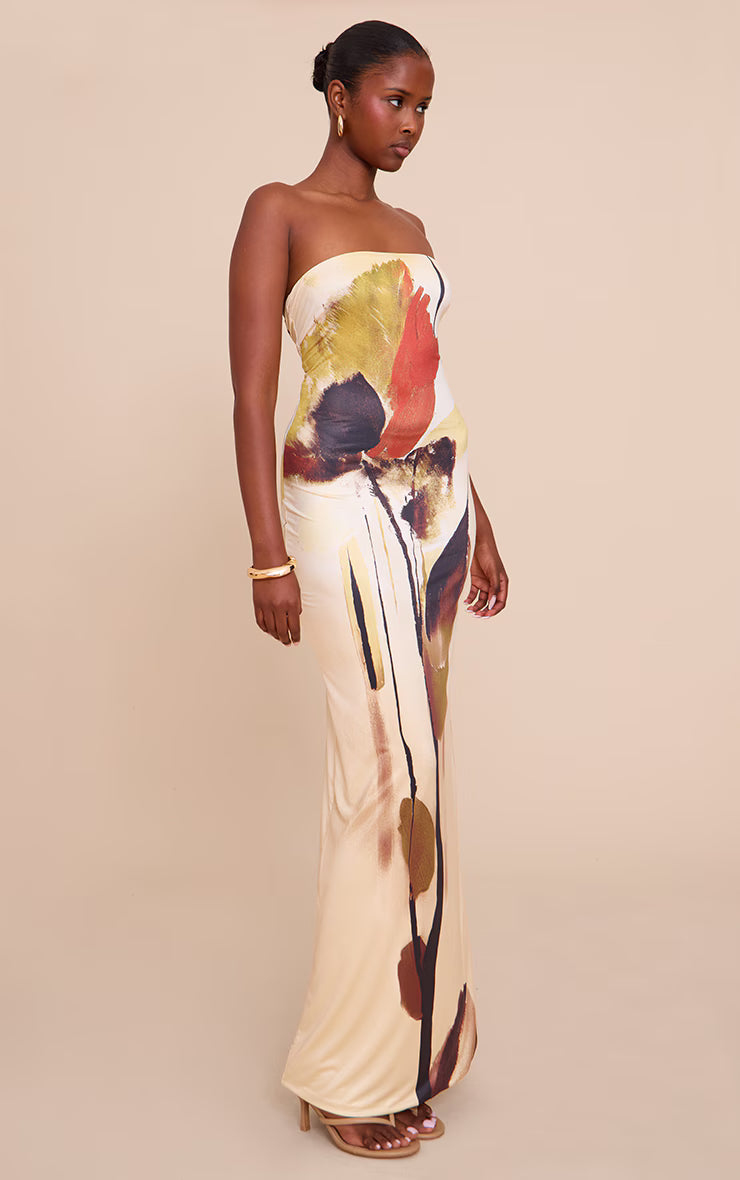 Cream Printed Bandeau Maxi Dress