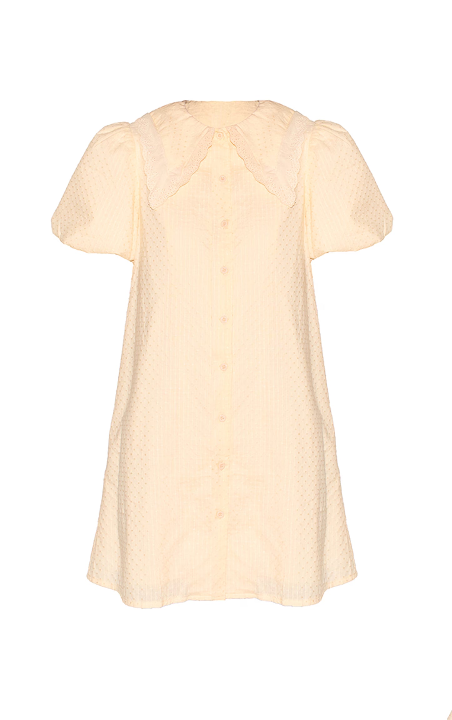 Almond Embroidered Cotton Lace Trim Puff Sleeve Shirt Dress
