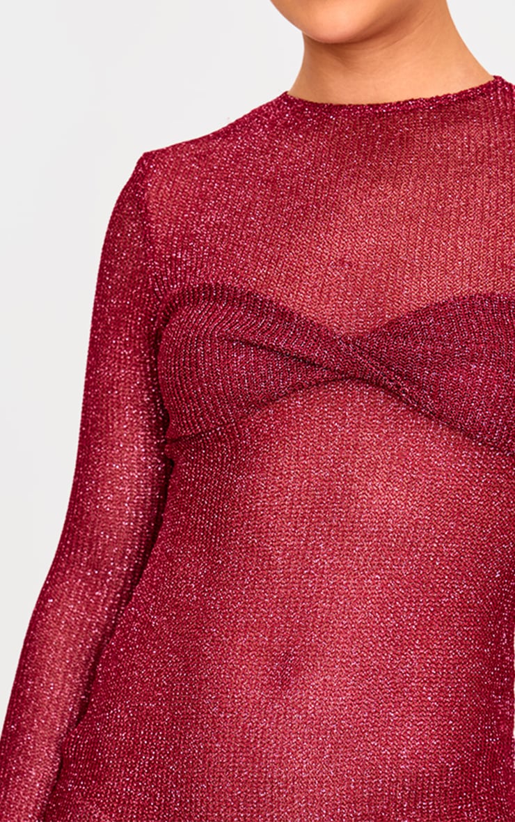 Cherry Red Metallic Ribbed Twist Bust Long Sleeve Mini Dress