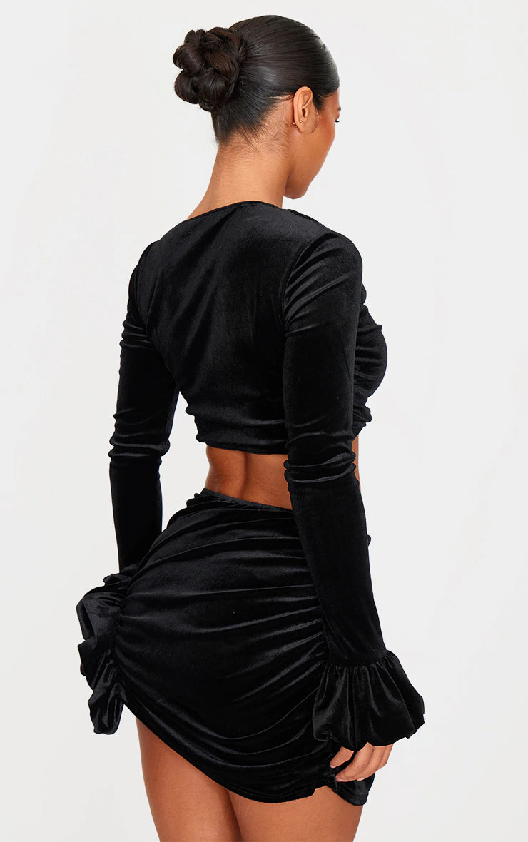 Black Velvet Puff Sleeve Cropped Top