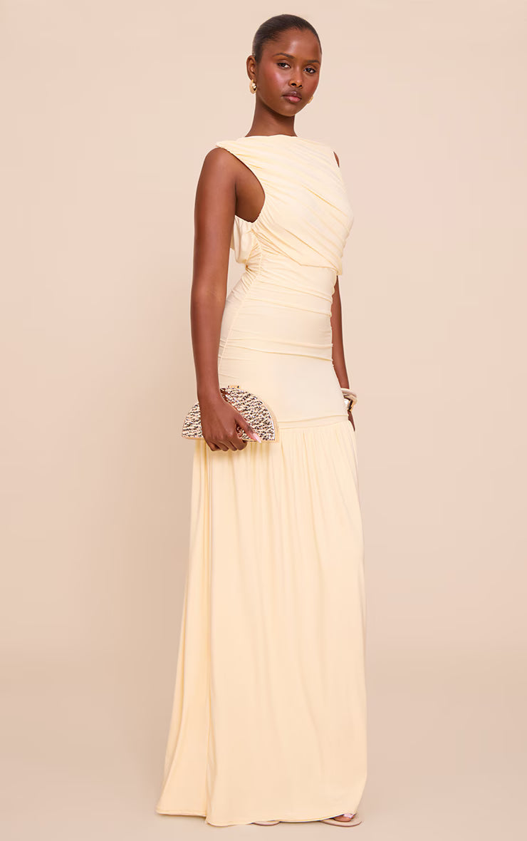 Lemon Boat Neck Ruched Detail Maxi Dress
