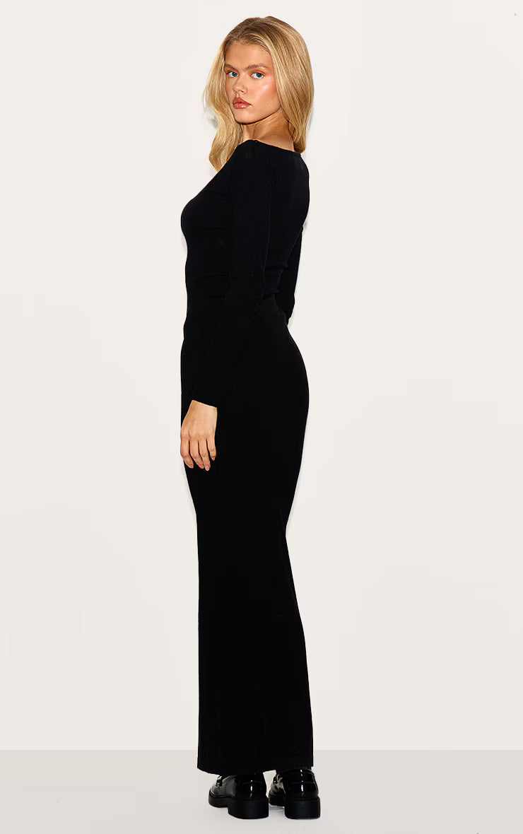 Black Basic Knit Asymmetric Neckline Long Sleeve Maxi Dress
