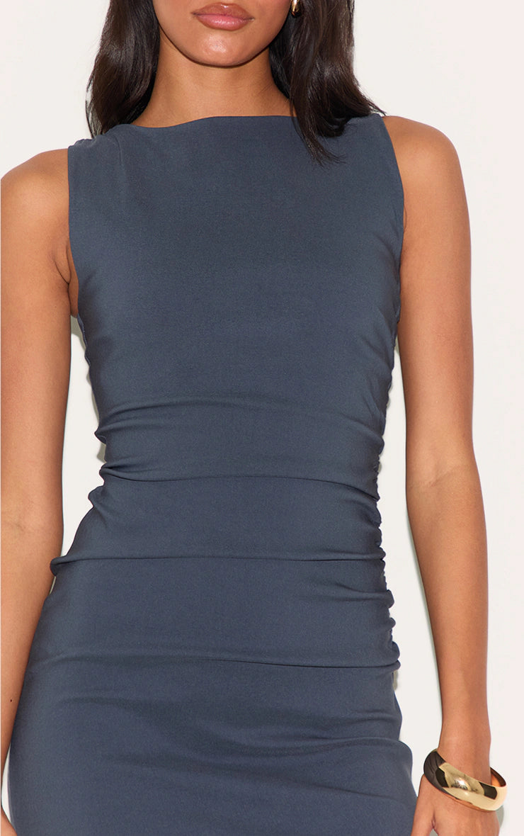 Charcoal Stretch Woven Boat Neck Ruched Detail Bodycon Dress