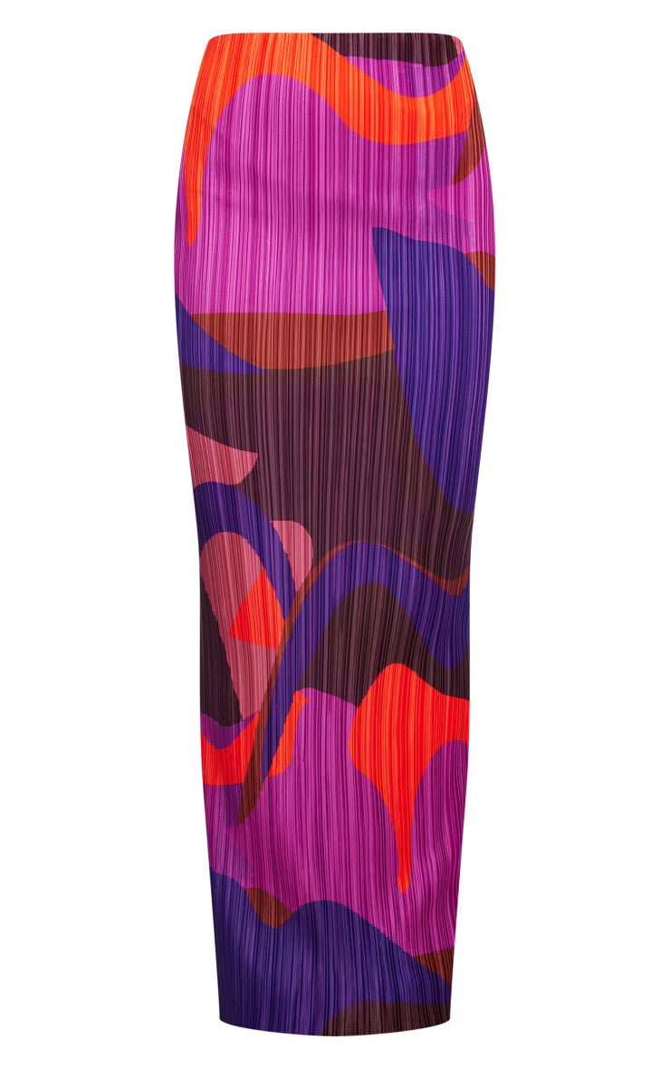 Pink Print Plisse Maxi Skirt
