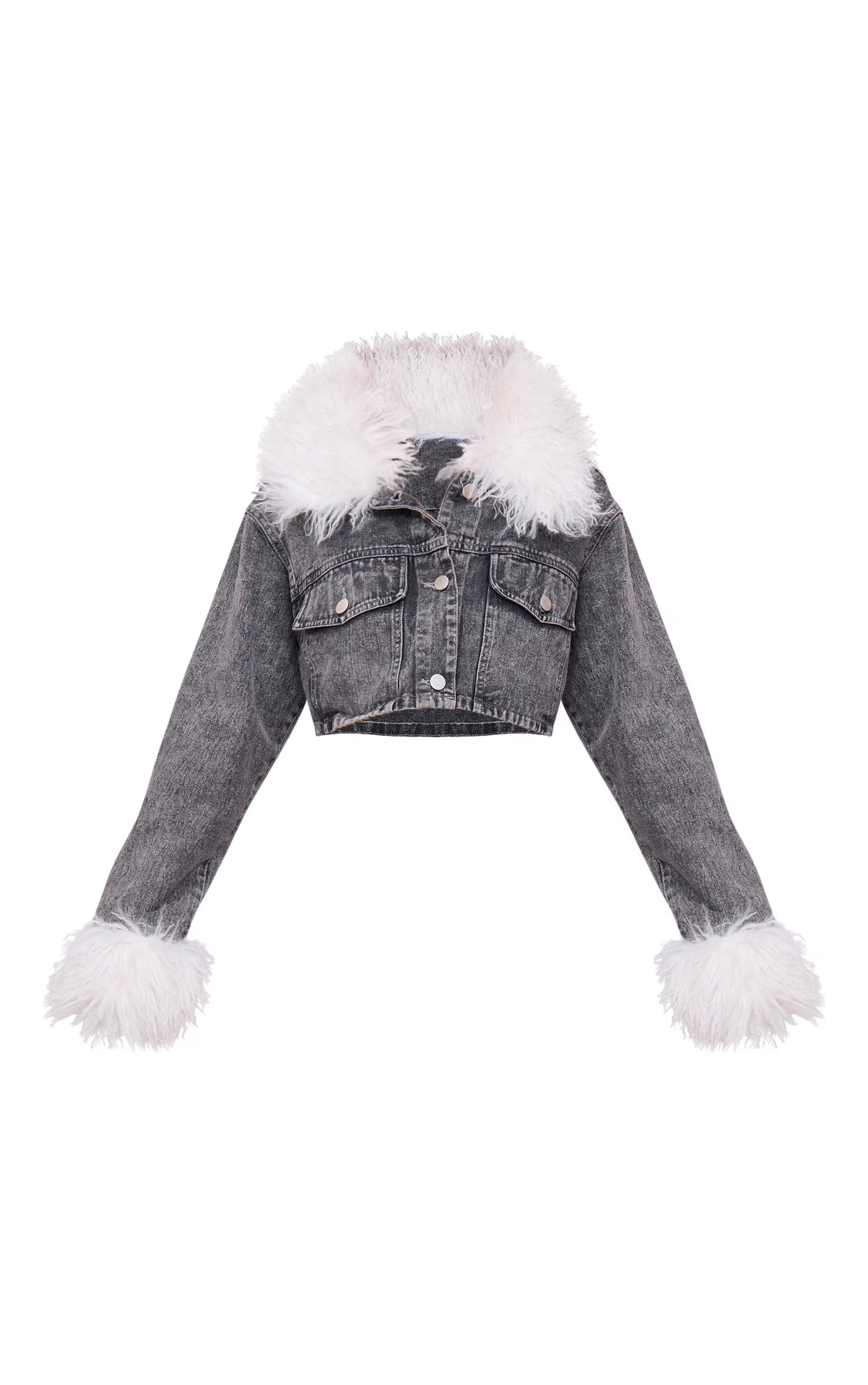 Washed Grey Denim Cropped Faux Fur Trim Detail Jacket