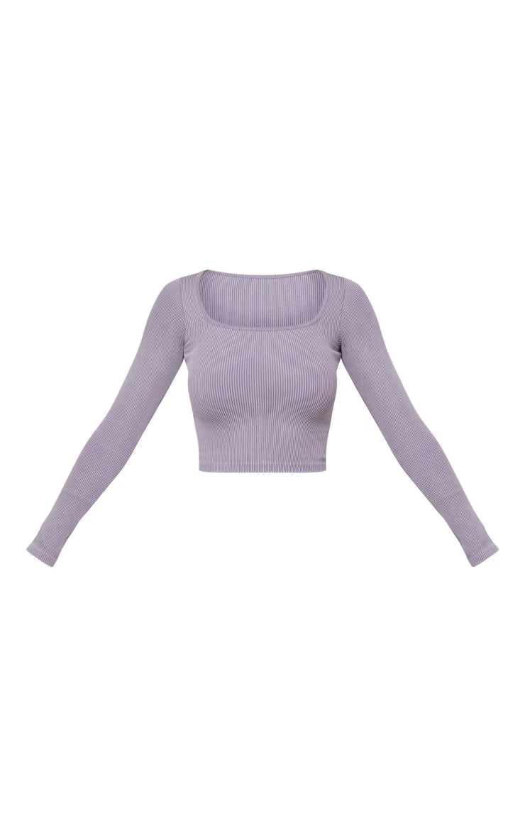 Charcoal Washed Snatched Rib Long Sleeve Top