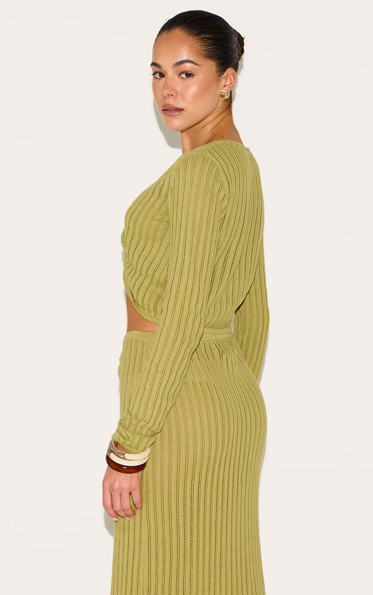 Olive Pointelle Knit Trim Detail Long Sleeve Top