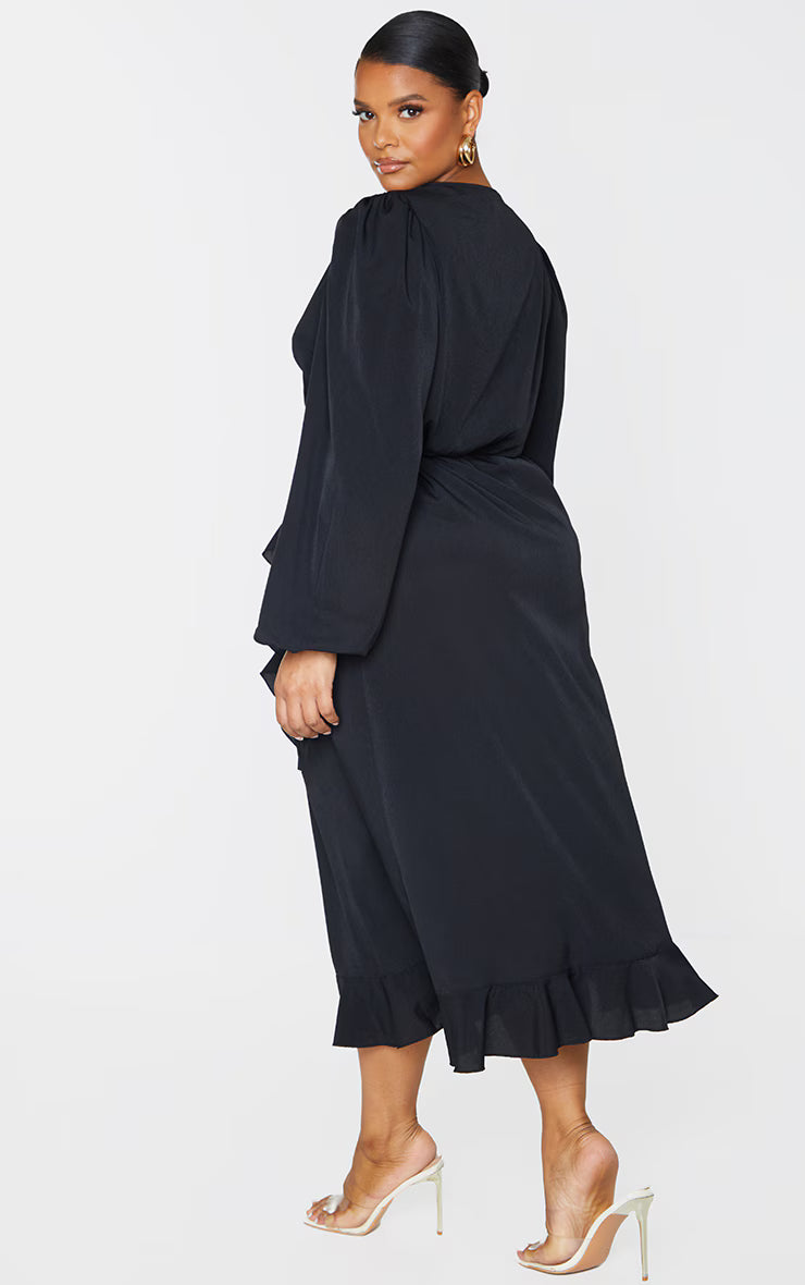 Plus Black Ruffle Wrap Front Midi Dress