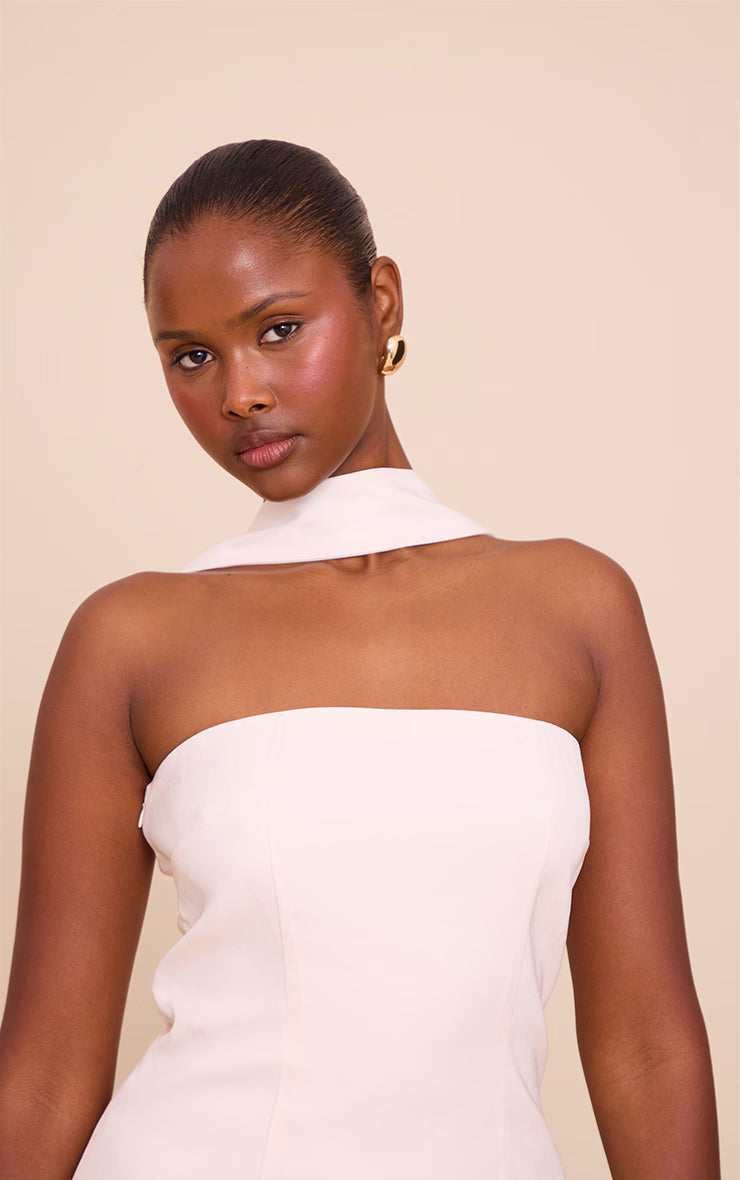 Butter Cream Woven Scarf Detail Bandeau Shift Dress