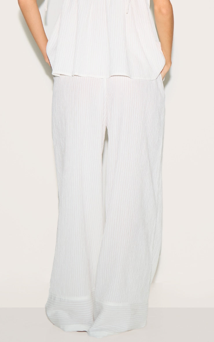 White Woven Textured Straight Leg Pants