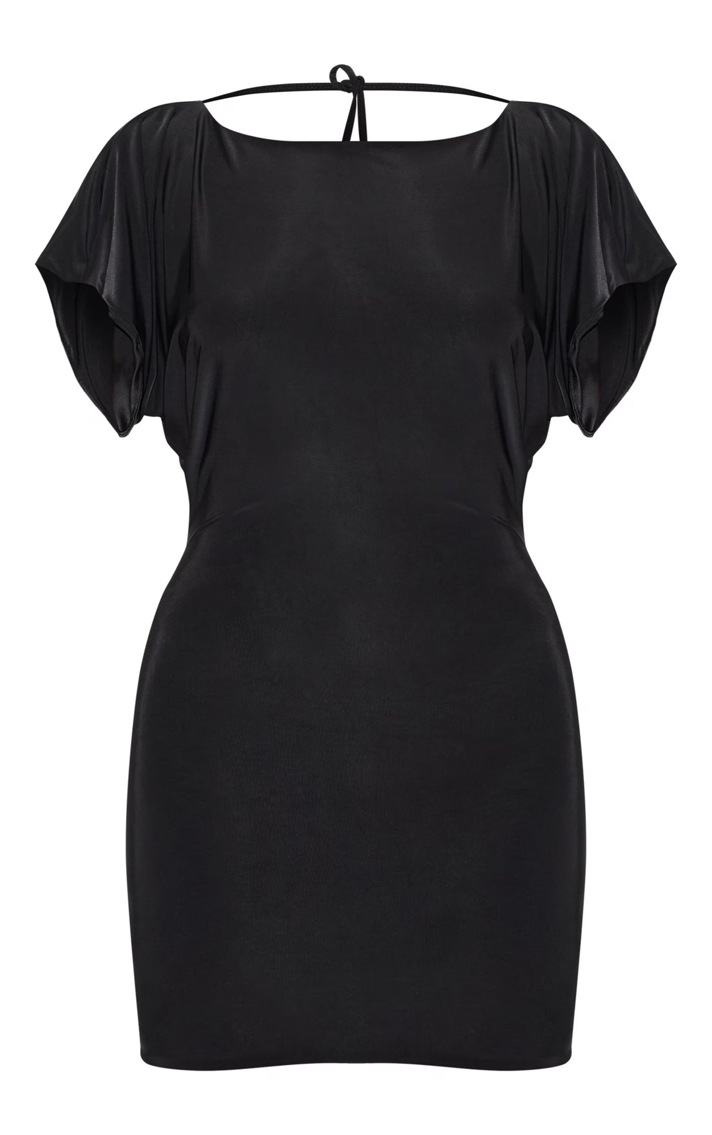 Black Double Layered Slinky Ruched Short Sleeve Mini Dress