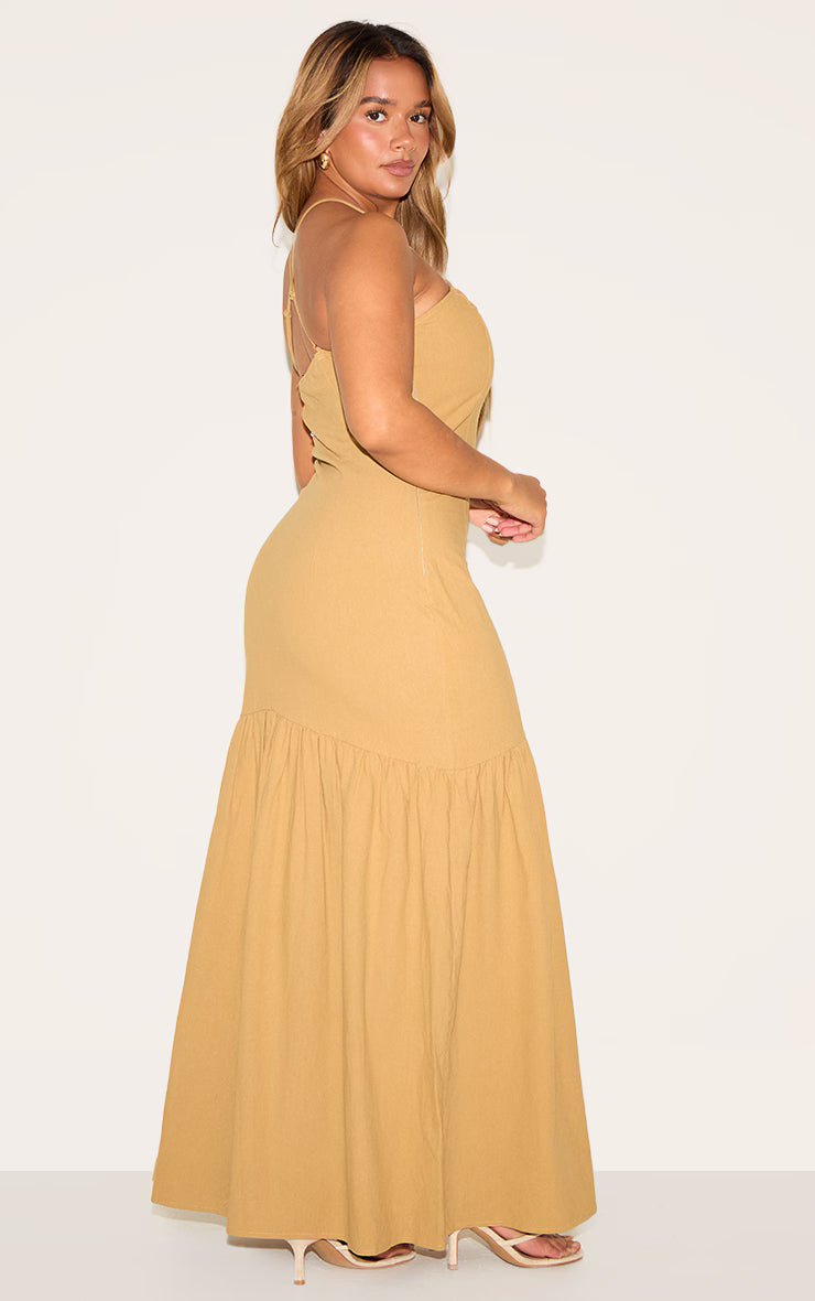 Shape Khaki Linen Look Gold Wave Trim Dropped Hem Maxi Dress