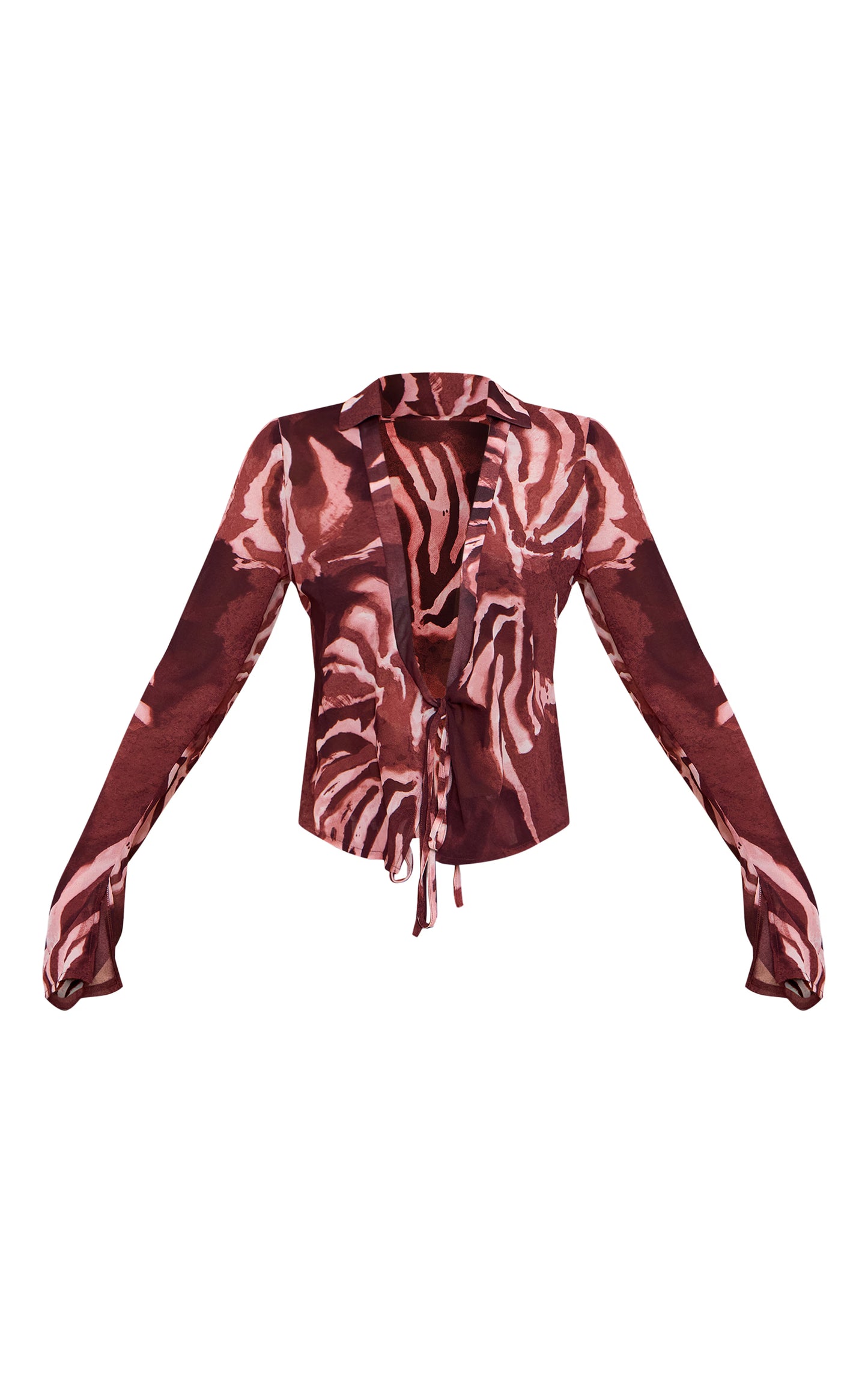 Brown Chiffon Abstract Print Long Sleeve Tie Front Shirt
