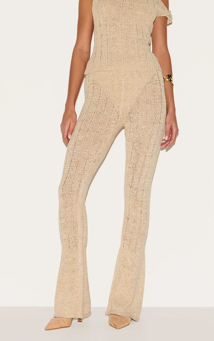 Oatmeal Textured Filigree Knit Wide Leg Pants