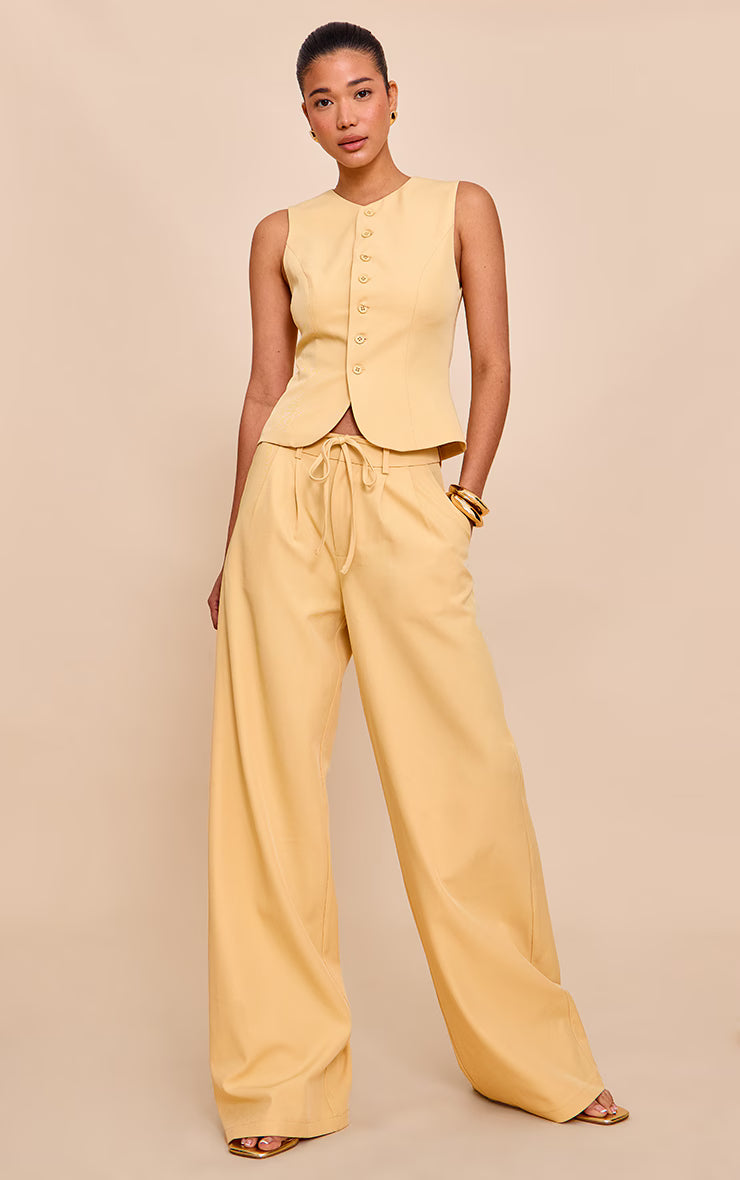 Butter Yellow Tailored Tie Detail Woven Wide Leg Pants