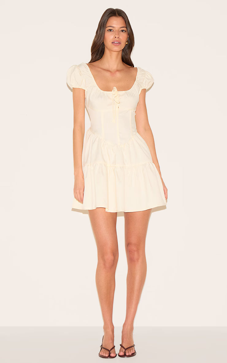 Natural Bardot Shirred Detail Shift Dress