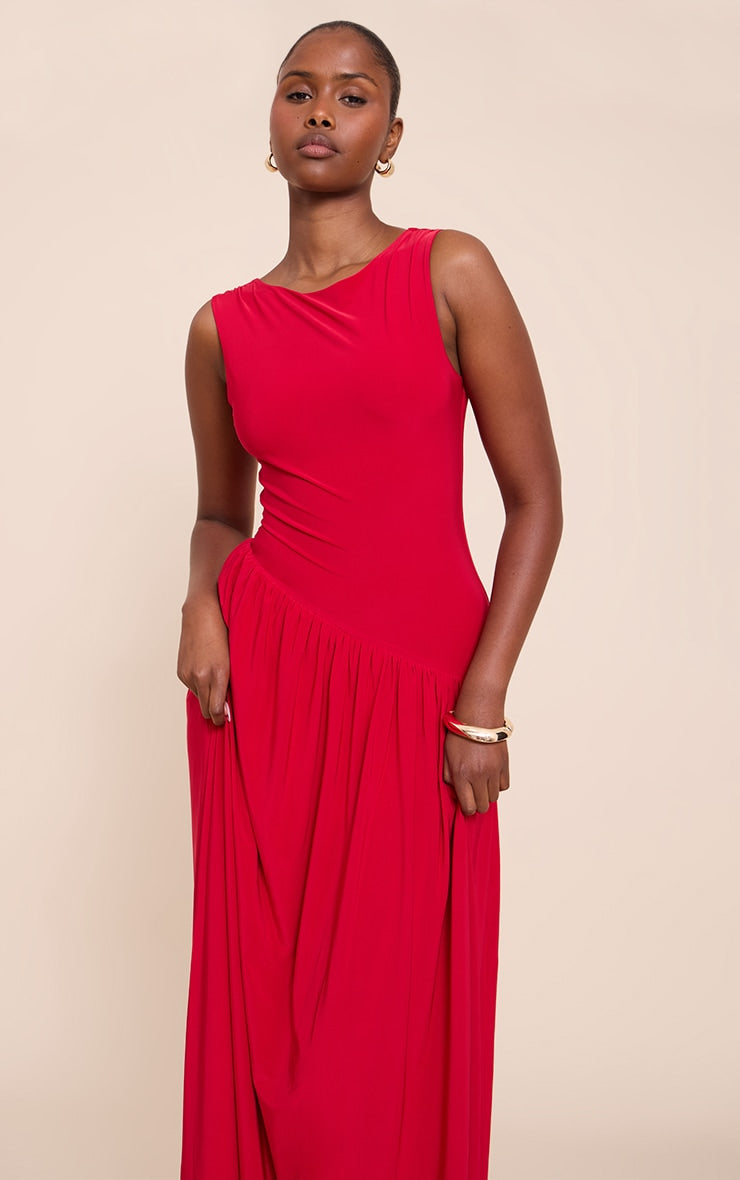 Red Double Layer Soft Touch Asymmetric Dropped Waist Maxi Dress