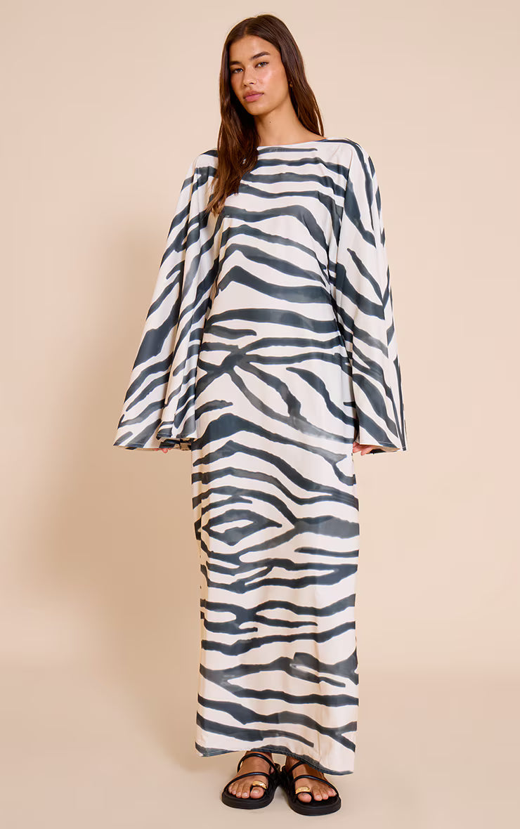 Zebra Print Floaty Woven Flared Sleeve Maxi Dress