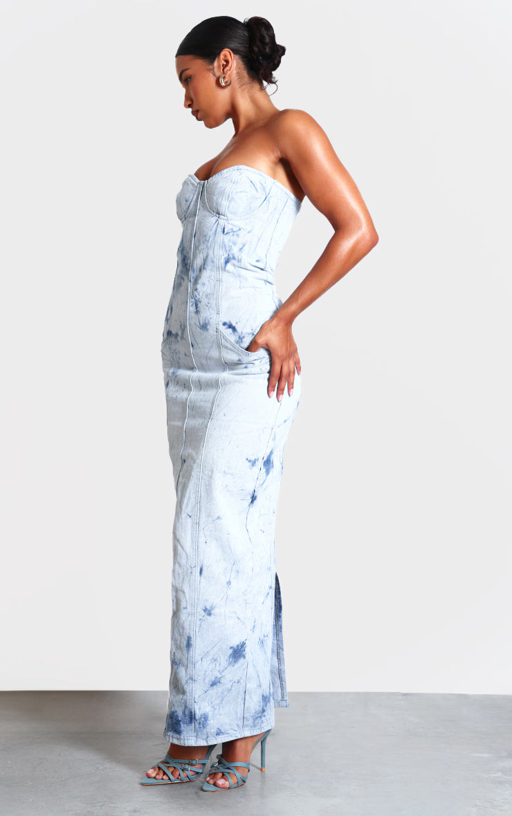 Blue Tie Dye Print Bustier Denim Maxi Dress