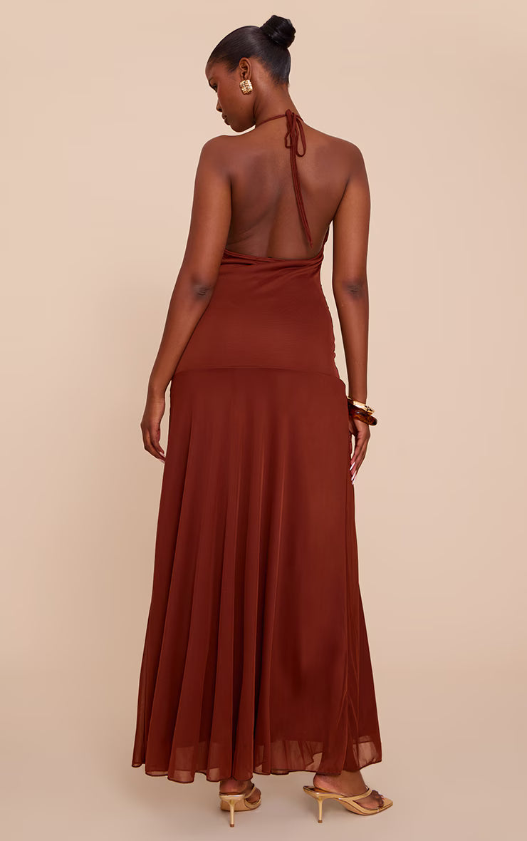 Chocolate Ruched Detail Strappy Maxi Dress