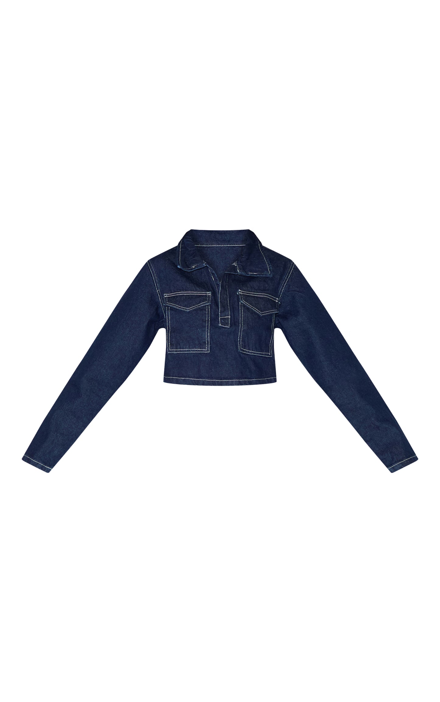 Indigo Contrast Stitch Seam Detail Cropped Denim Shirt