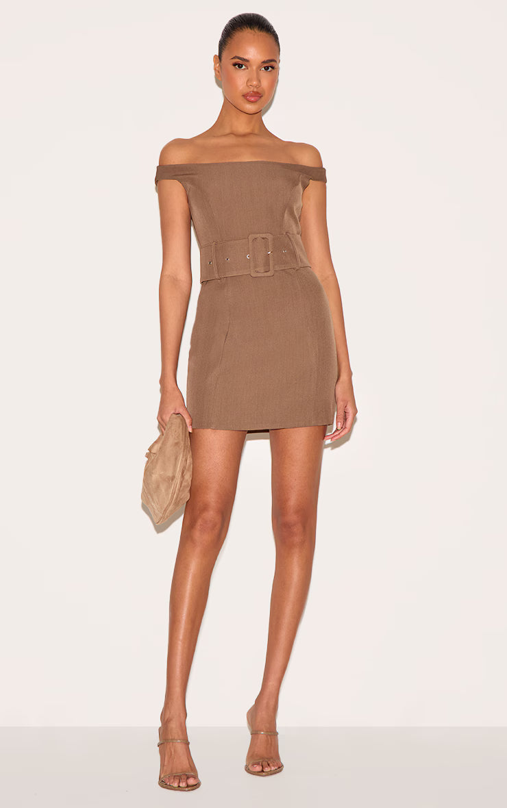 Taupe Woven Off Shoulder Belt Detail Mini Dress