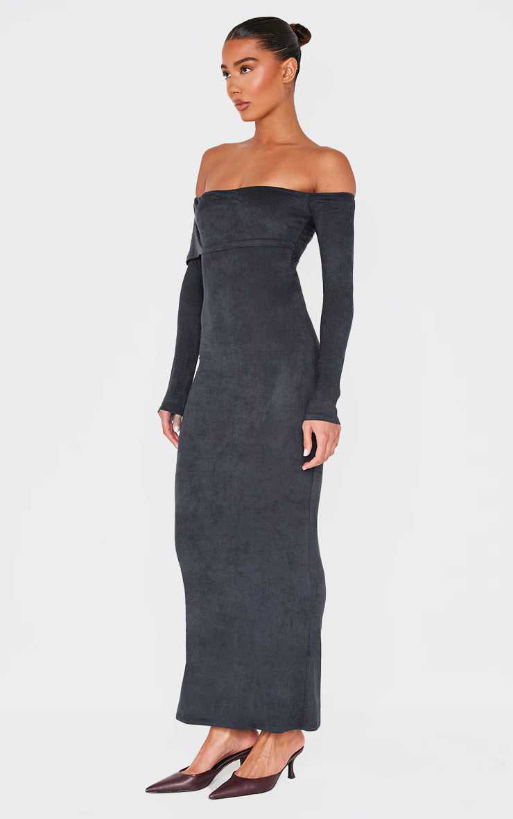 Black Faux Suede Bardot Long Sleeve Maxi Dress