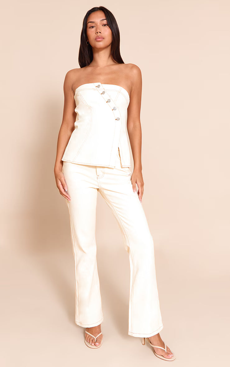 Ecru Asymmetric Button Denim Bandeau Top