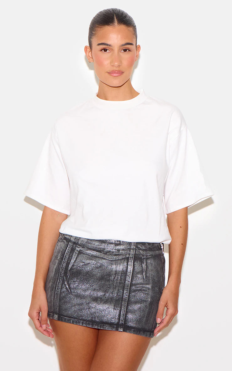 Black Silver Metallic Foil Effect Denim Mini Skirt