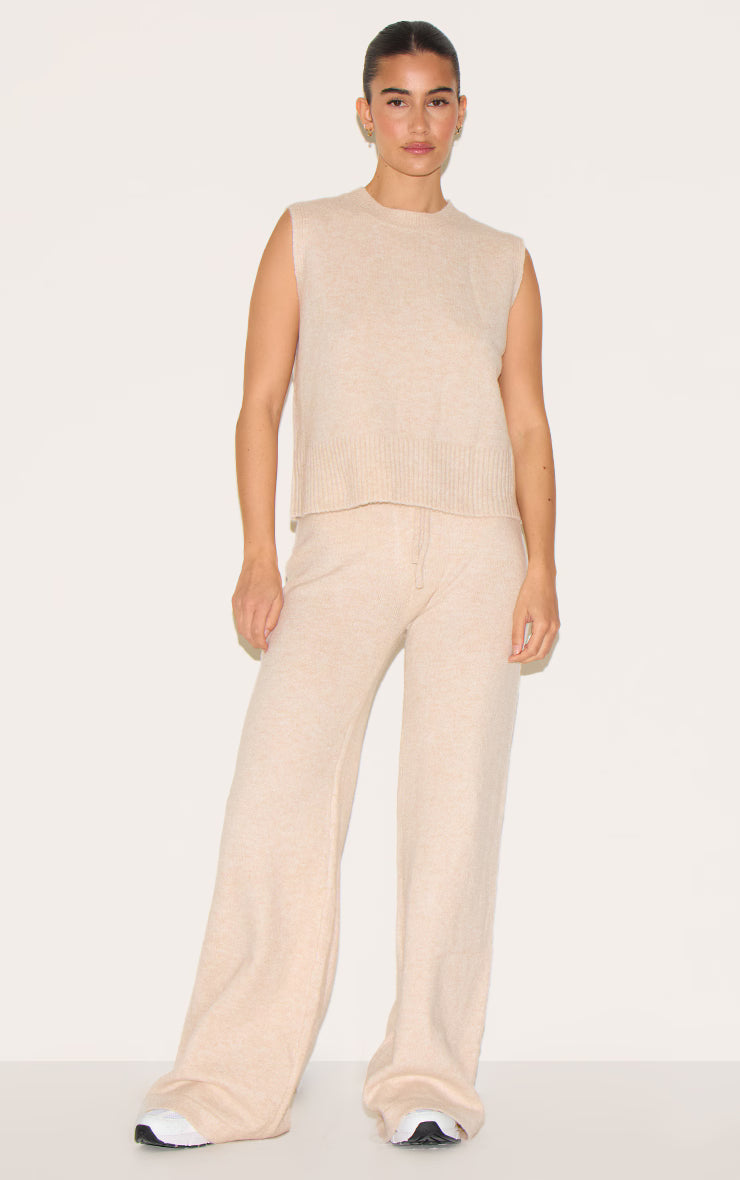 Oatmeal Marl Soft Knit High Neck Sleeveless Top