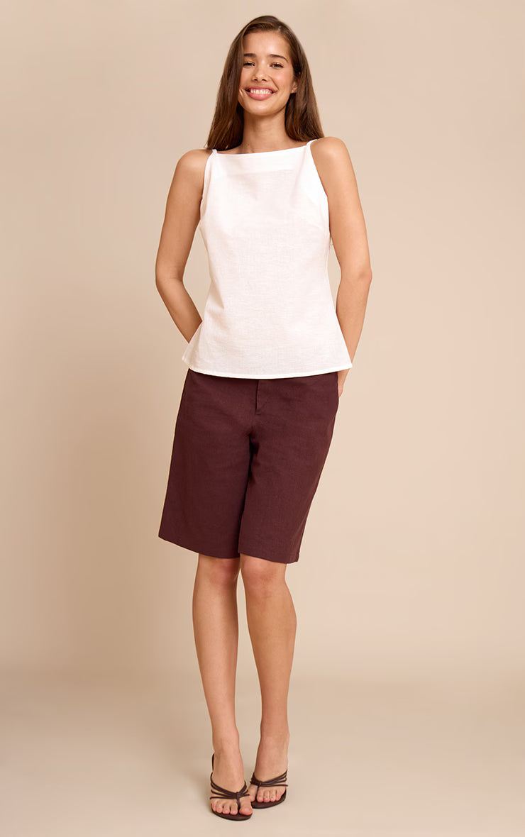 White Linen Blend Back Detail Long Cami Top