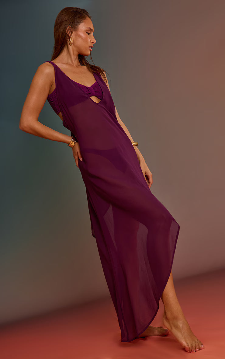 Purple Chiffon Sheer Strappy Beach Maxi Dress