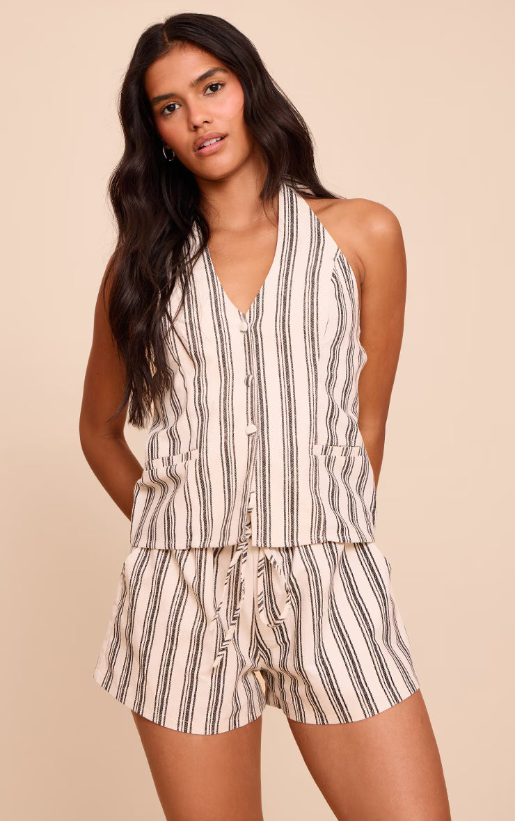 Natural Textured Stripe Drawstring Floaty Shorts